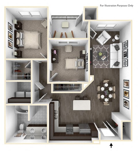 Floor plan for 2 beds, 1 bath, 951 sqft